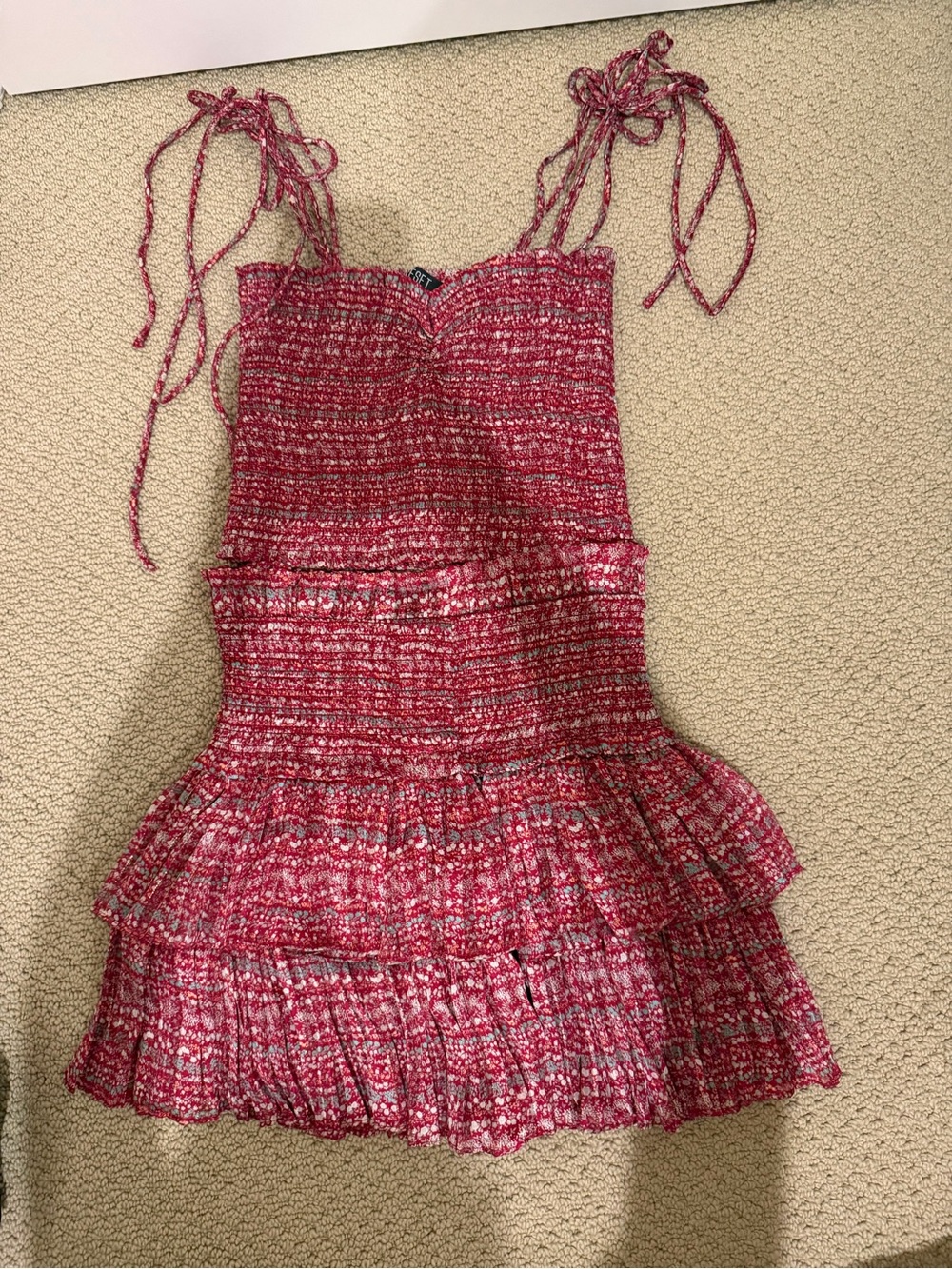 Red Smocked Tiered two piece matching skirt set with Tie Straps